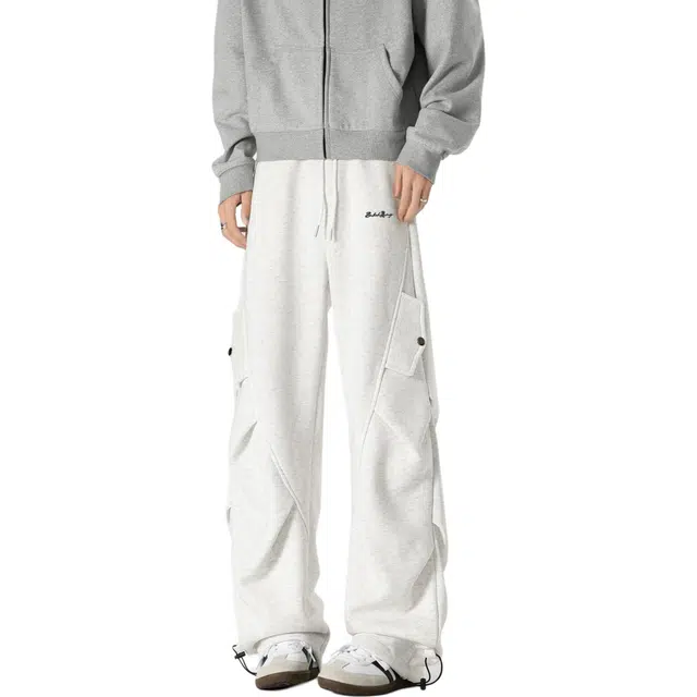 【明线褶皱侧口袋卫裤】布客行 百搭显高修腿型美式复古高街直筒垂感工装设计感松紧抽绳宽松柔软舒适型运动通勤长裤子休闲裤 男女同款