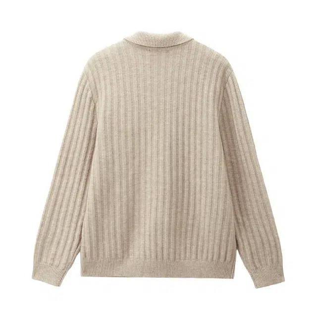 佐丹奴 翻领半开襟坑条混纺毛织针织衫 男款