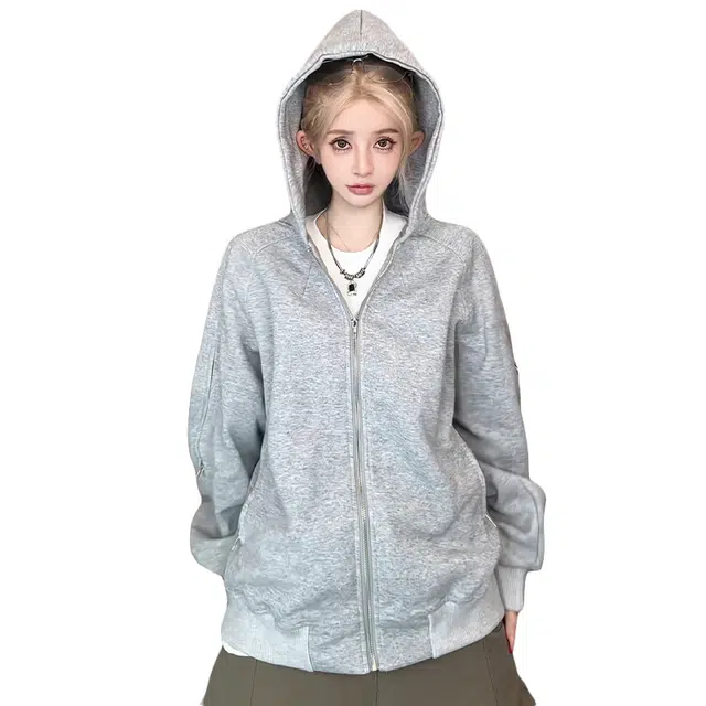 拓菲 美式复古做日开衫男春秋款情侣宽松连帽拉链外套卫衣 男女同款