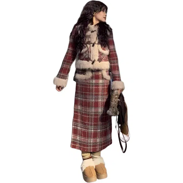 纤丝鸟 红格子撞色设计小香风毛毛拼接连帽显瘦长裙气质时尚裙装套装 女款