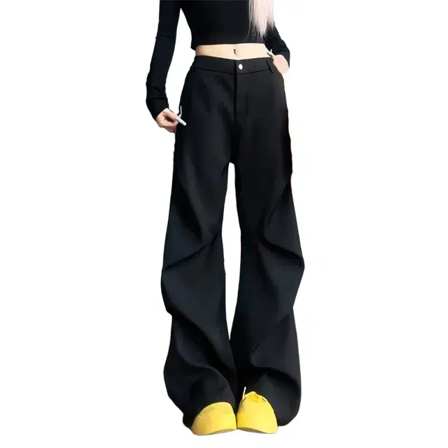 唐启 微喇褶皱西裤秋季美式痞帅高级感裤子宽松阔腿垂感直筒裤西装裤 男女同款