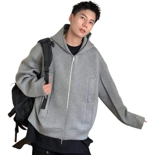 洋气先生 美式复古高街开衫连帽拼接设计宽松情侣外套通勤休闲皆可简约纯色基础款百搭潮牌透气舒适柔软慵懒氛围感卫衣 男女同款