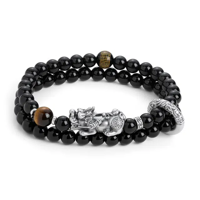 【999足银】 银千惠 新中式富足貔貅吞金兽藏经心经手饰 国潮祥瑞小众高级感双层叠戴纯银圆环佛珠盘玩绕指柔平安纳福 黑曜石 手串 男款