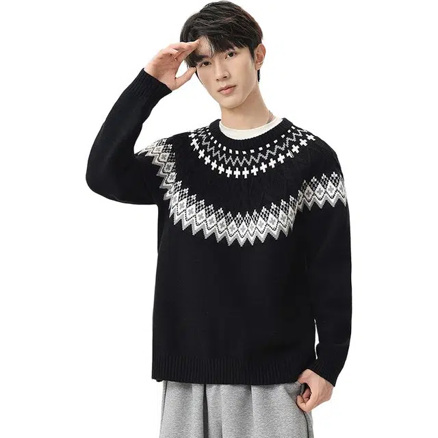 洋气先生 复古美式学院风慵懒风刺绣提花拼接撞色菱形格圆领设计休闲宽松保暖秋冬季日常通勤徒步简约百搭长袖打底衫上衣针织衫 男女同款