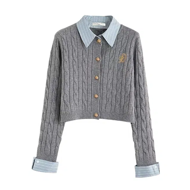 望莱仕 秋季女装时尚小刺绣开衫拼接梭织布绞花开襟外套针织衫 女款