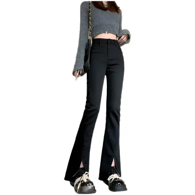 木木兔 潮流时尚秋季裤子女 显瘦阔腿拖地开叉马蹄裤垂感设计感 牛仔裤 女款