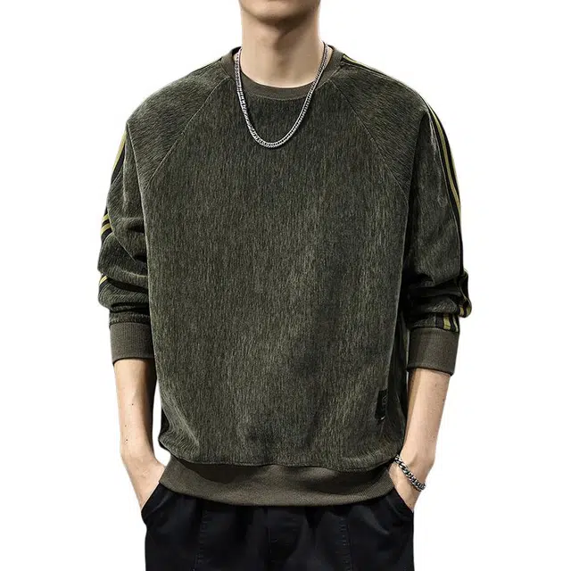 前进牛 美式复古经典潮流痞帅条纹极简风重磅雪尼尔圆领长袖潮牌户外百搭休闲上衣卫衣 男款