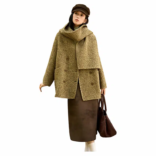 佐塞斯 高端品质轻奢羊驼毛绵羊毛双面呢子秋冬设计感围巾毛呢外套大衣 女款