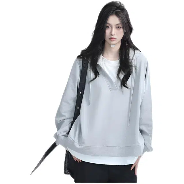 木木兔 潮流时尚秋季  情侣装 大码 美式简约叠穿假两件连帽春秋宽松休闲慵懒男上衣潮卫衣 女款