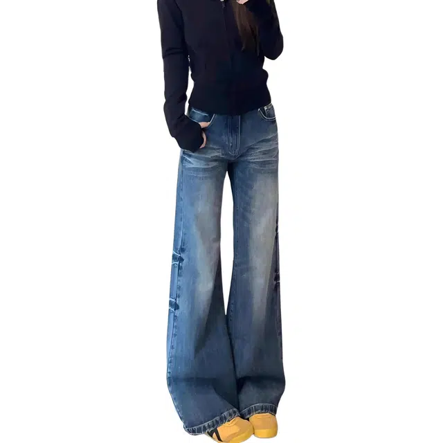 如续 美式重工弹力不贴腿宽松阔腿压皱纹理感猫须舒适喇叭裤潮流百搭设计感牛仔裤 女款