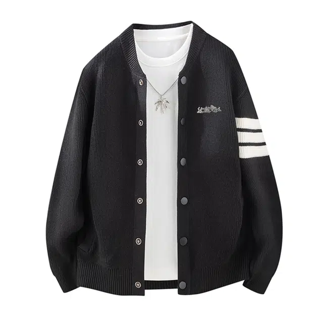 【三条杠撞色肌理感】赫赫良衣 美式复古痞帅高街单排扣开衫长袖休闲舒适保暖宽松日常通勤时尚百搭小众高级感韩系潮牌针织衫外套 男女同款