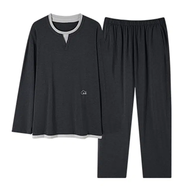 潞优野 简约舒适百搭亲肤凉感长袖薄款大码假两件高级感家居服睡衣套装 男款