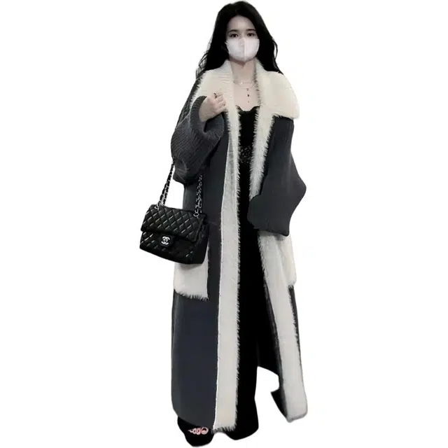 思蓓儿 毛领过膝长款拼毛毛高级感开衫毛衣秋冬宽松慵懒风加厚绒感外套 女款