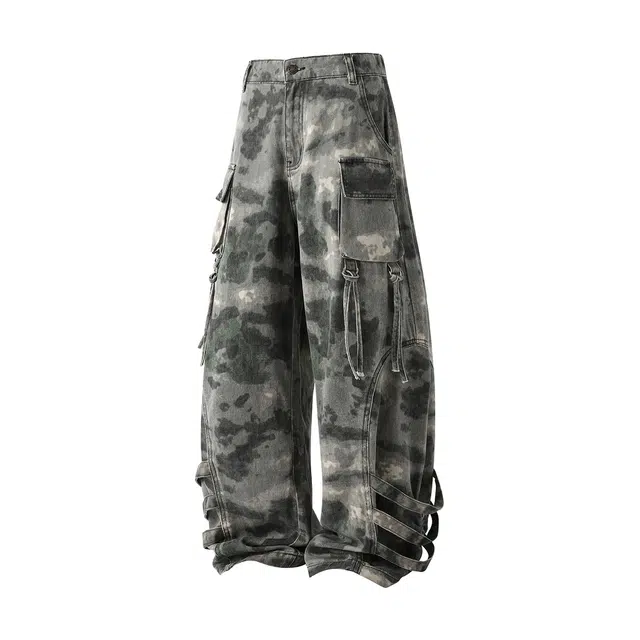 素杭 户外徒步美式复古设计感迷彩宽松阔腿裤半松紧日常百搭直筒长裤工装裤 男女同款