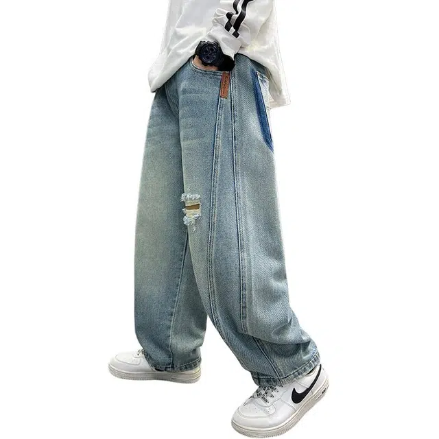 黑恐龙牛仔裤 休闲阔腿宽松中腰长裤 青少年