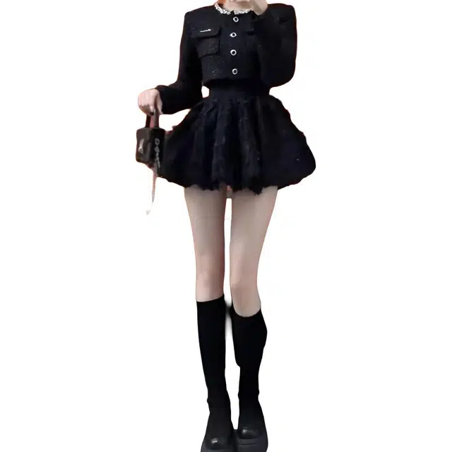 纤丝鸟 小香风名媛短款外套方领蓬蓬连衣裙气质显瘦裙装套装 女款