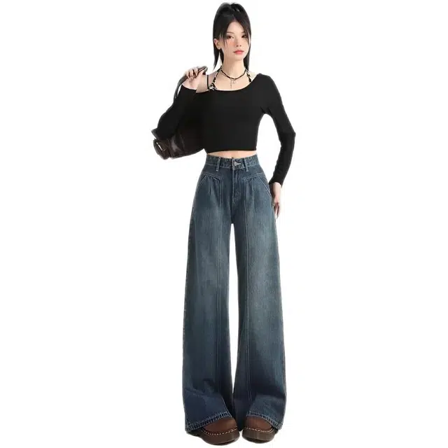 木木兔 潮流时尚秋季裤子 女 显腿长 阔腿裤设计感显瘦高腰垂感宽松拖地裤 牛仔裤 女款
