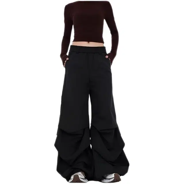 木木兔  潮流时尚 秋季裤子女 复古运动工装裤直筒阔腿裤潮牌宽松褶皱伞兵裤休闲裤 女款