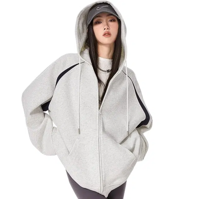 苏九儿 美式复古拼色潮连帽拉链运动开衫 卫衣 女款