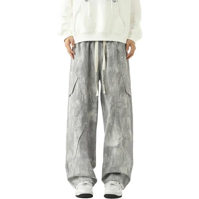 敦煌博物馆 美式复古高街铆钉多口袋工装裤嘻哈街头系带抽绳舒适百搭宽松运动垂感休闲裤 男女同款