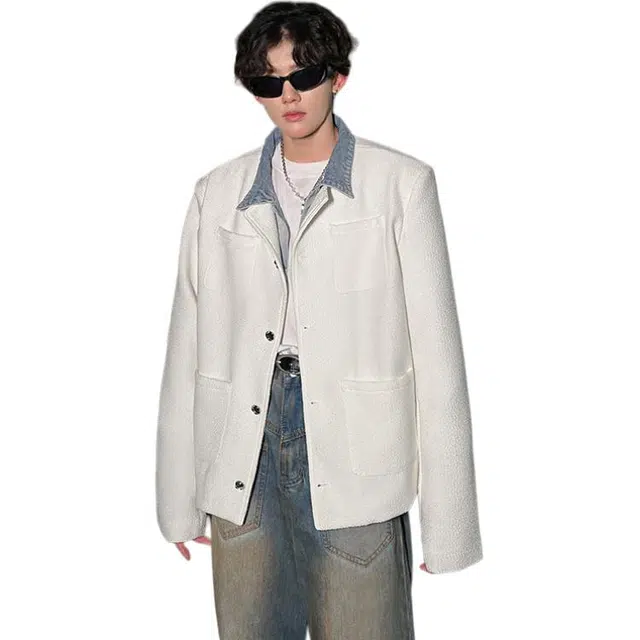 加荣 美式高级感毛呢小香风夹克男时尚垫肩上衣男装秋季潮牌外衣男款宽松百搭外装男士高端粗花亮片外套 男女同款