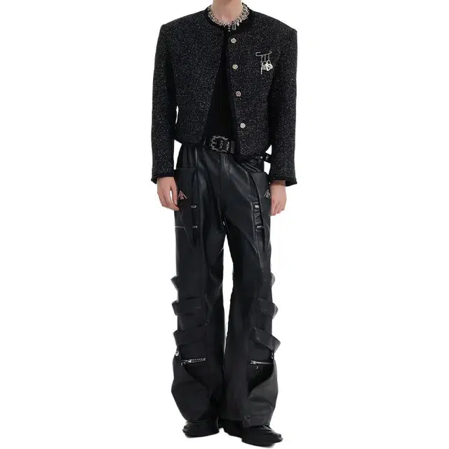 拓菲 无领小香风外套男款老钱风穿搭胸针设计感垫肩早秋上衣夹克 男女同款