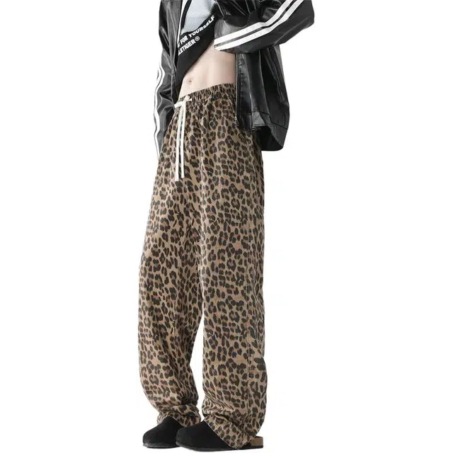 童先森 美式潮牌豹纹印花纯棉水洗拖地裤男直筒宽松春秋阔腿运动长裤休闲裤 男款