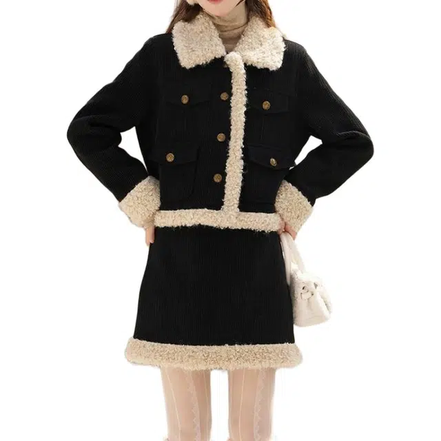 纤丝鸟 法式时尚长袖外套高级拼接两件套裙装套装 女款