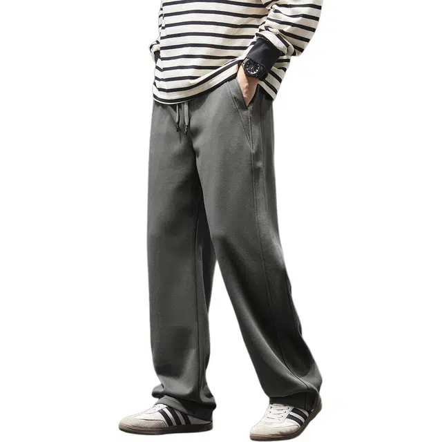 潮人榜 美式复古重磅针织卫裤男秋冬宽松直筒阔腿弹力运动拼接休闲裤 男款