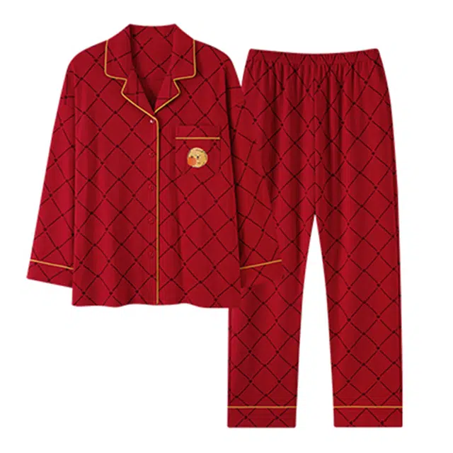 潞优野 时尚舒适百搭纯棉长袖本命年格纹高级感大码家居服 睡衣套装 女款