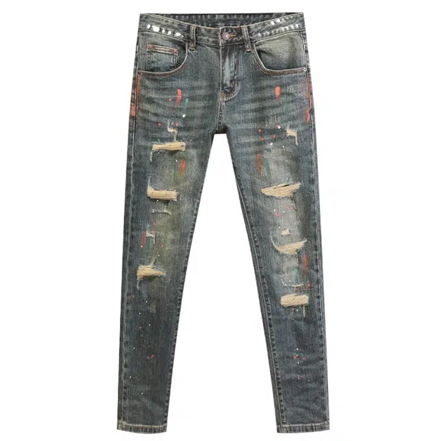 吉肯蒂 秋冬高端破洞裤男修身小脚裤漆点复古弹力时尚百搭牛仔裤 男款