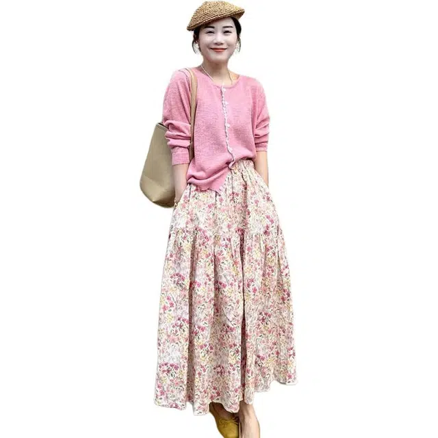 纤丝鸟 小香风休闲简约百搭上衣开衫碎花半身裙两件套裙装套装 女款