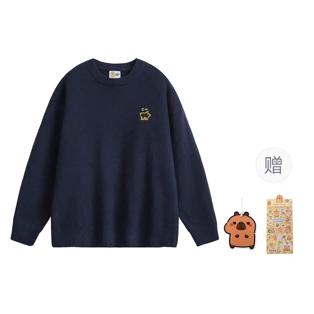 卡皮巴拉小黄豚 美式复古小猪存钱罐刺绣基础纯色慵懒宽松舒适休闲无性别主义百搭日常软糯亲肤圆领套头毛衣 男女同款