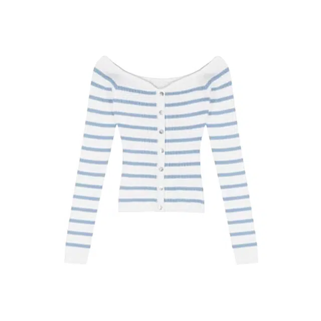 望莱仕 蓝条纹长袖女春季纯欲修身一字肩韩系甜辣减龄打底上衣针织衫 女款