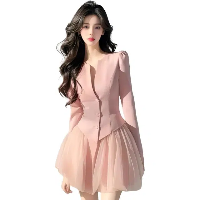 纤丝鸟 小香风收腰长袖开衫上衣网纱短裙两件套裙装套装 女款