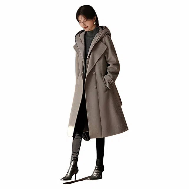 佐塞斯 高端品质轻奢时尚通勤含羊毛双面呢秋冬拼接连帽毛呢外套大衣 女款