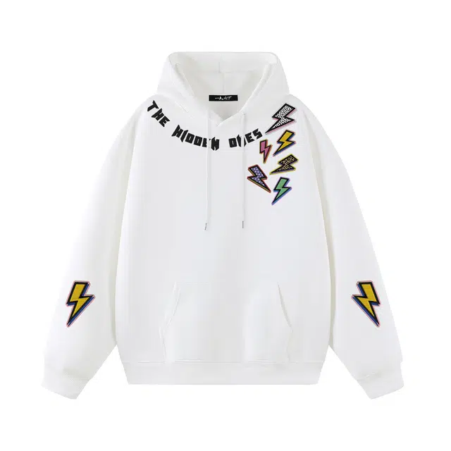 一人之下 美式高街仿刺绣彩色闪电小图标印花图案休闲宽松舒适百搭精选个性高级户外运动日常通勤潮流时尚长袖连帽卫衣 男女同款