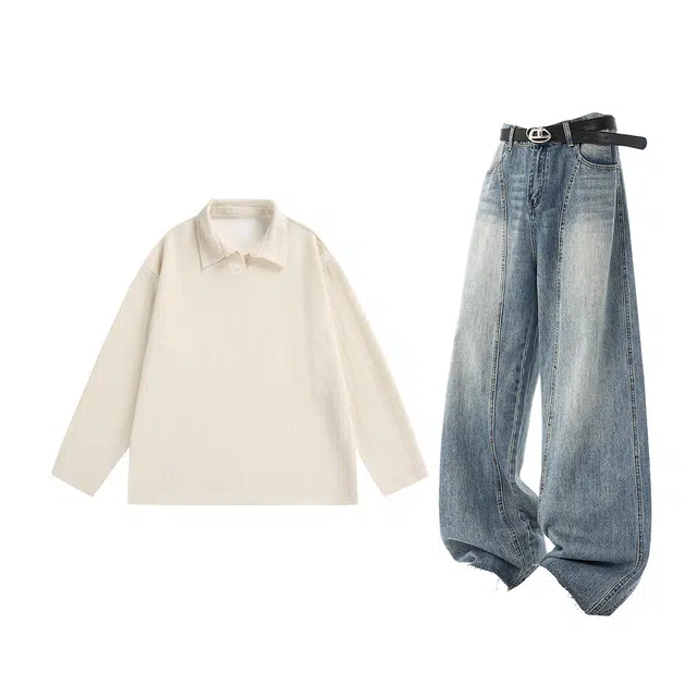 梓润格 简约高级时尚潮流氛围感户外运动休闲百搭个性舒适加绒重磅麦穗纹长袖美式阔腿牛仔高街宽松设计弯刀卫衣套装 男女同款