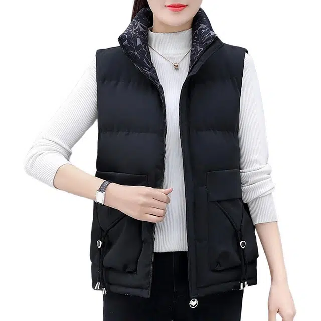 缪斯的诱惑 时尚潮流一衣两穿经典基础款加厚宽松百搭纯色外穿休闲运动通勤防风保暖外套棉衣面包服棉马夹无袖坎肩背心双面穿立领马甲 女款