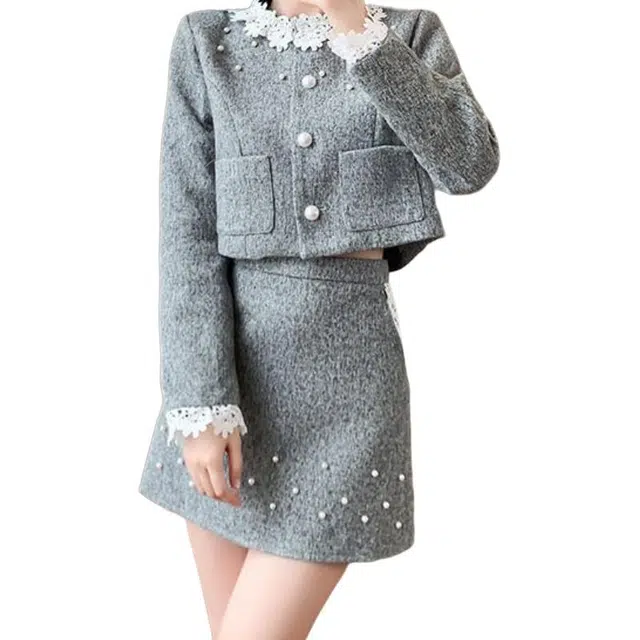 纤丝鸟 法式千金风短外套高级感蕾丝时尚两件套钉珠裙装套装 女款