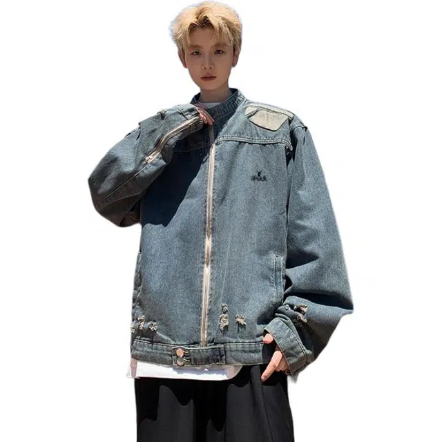 洋气先生 美式复古简约时尚破洞设计小众高级感潮流帅气日常基础休闲宽松百搭防风保暖城市机能风纯色氛围感牛仔外套夹克 男女同款