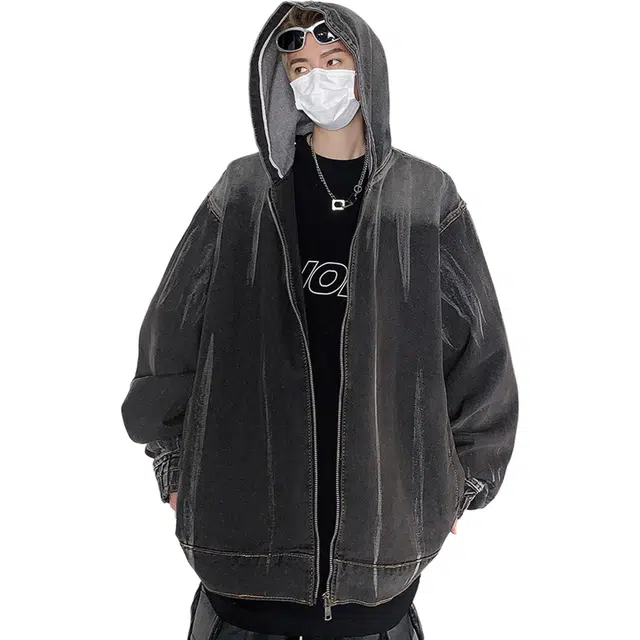 冈哉 扎染做旧水洗连帽牛仔拉链开衫设计美式复古高街松痞帅百搭潮流重工工装夹克外套 男女同款