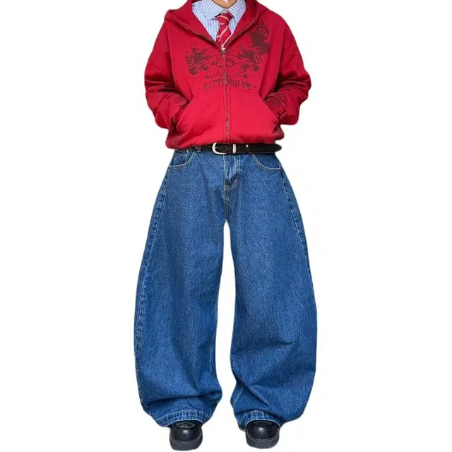 拓菲 复古做旧弯刀型阔腿无性别宽松休闲裤牛仔裤 男女同款