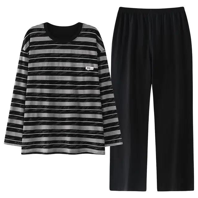 俏霓桐 时尚简约条纹轻奢圆领舒适休闲宽松长袖长裤家居服可外穿睡衣套装 男款