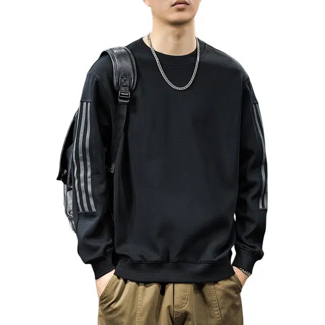 前进牛 秋季美式复古经典潮流潮牌条纹极简风重磅圆领户外运动上衣宽松大码套头休闲百搭外套卫衣 男款