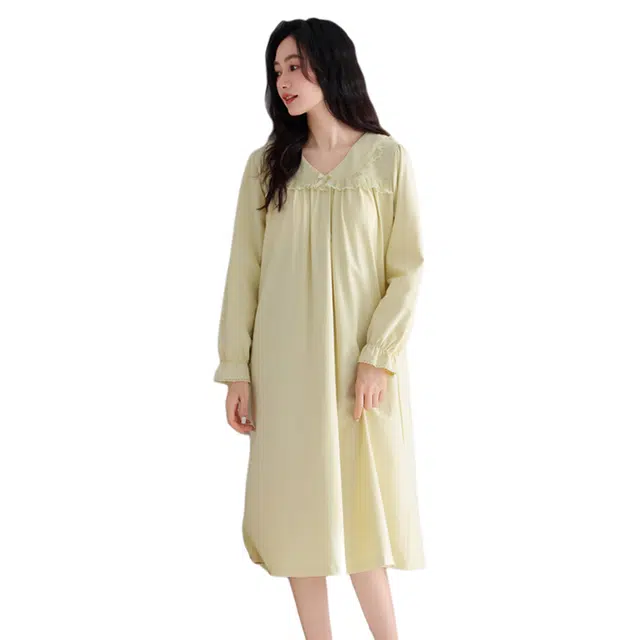 潞优野 简约时尚舒适柔软纯棉长袖大码孕妇长款家居服睡裙 女款