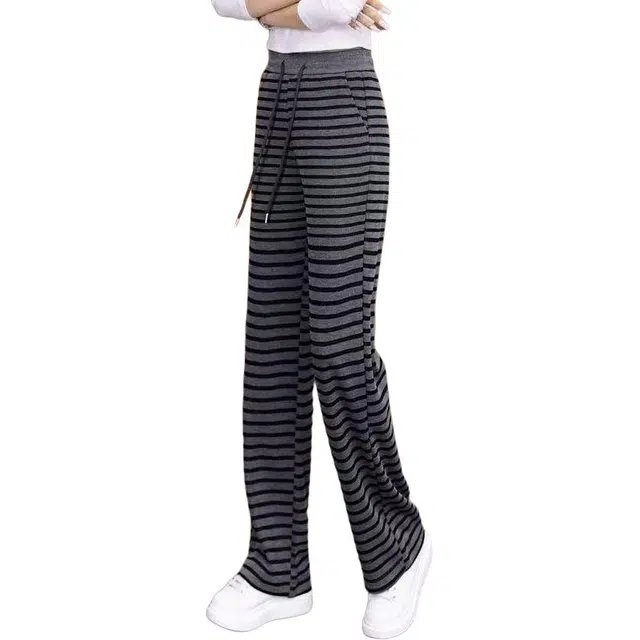 缪斯的诱惑 春秋美式复古撞色条纹松紧腰直筒宽松拖地裤抽绳设计高腰显瘦显高慵懒风潮流百搭长裤阔腿休闲裤 女款