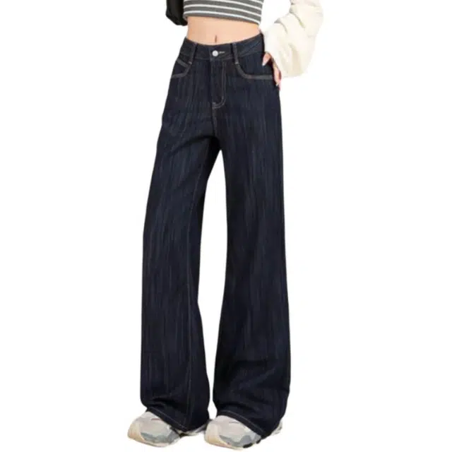 如续 美式复古百搭纹理感微喇长裤潮流不贴腿松弛感拖地牛仔裤 女款