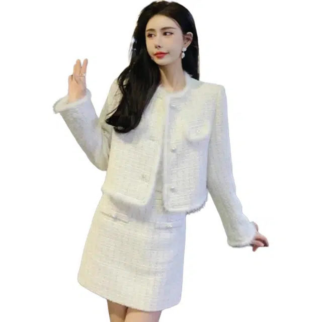 纤丝鸟 高级感小香风时尚短外套半身裙两件套修身裙装套装 女款