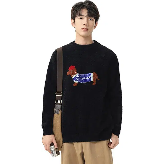 洋气先生 美式复古慵懒风小狗刺绣高级感时尚内搭小众设计纯色圆领长袖休闲宽松舒适保暖无性别主义简约百搭打底上衣针织衫 男女同款